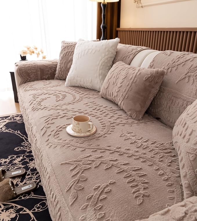 Fuzzy Rabbit Plush Sofa Cover Cozy Warm Sofa Couch Covers with 3D Jacquard Leaf Pattern Non-Slip Easy-to-Install Shaggy Sofa Slipcover Prefect for Kids Dogs Cats Cats(Cream Coffee,36"x110")