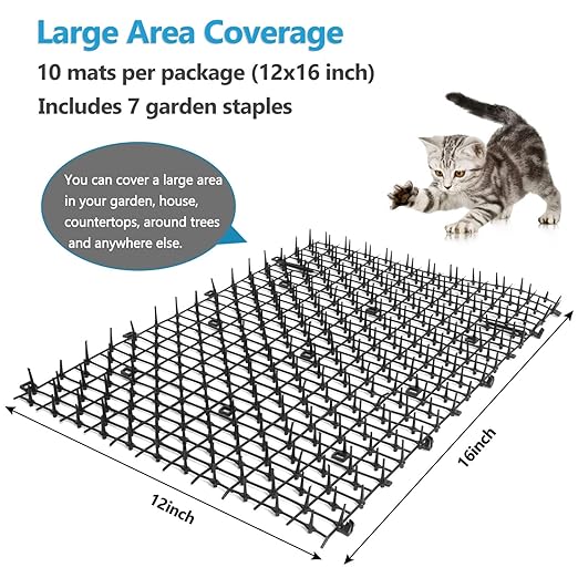 Pomeat 10 PCS Scat Mat for Cats Indoor 16" x 12" with Spikes Sprickle, Digging Deterrent for Dogs, Outdoor for Garden and Fence with 7 Staples