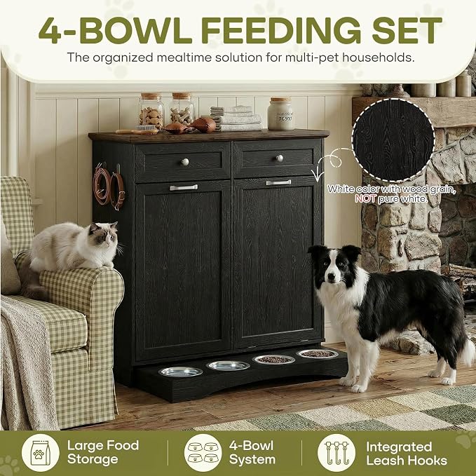 Furnaza Pet Feeding Station with 4 Bowls,Dual Doors Dog Cabinet Storage | Black 39.7"W Dual Doors Pet feeding station with storage for dogs and cats, Pet Food Storage for Kitchen, Living Room