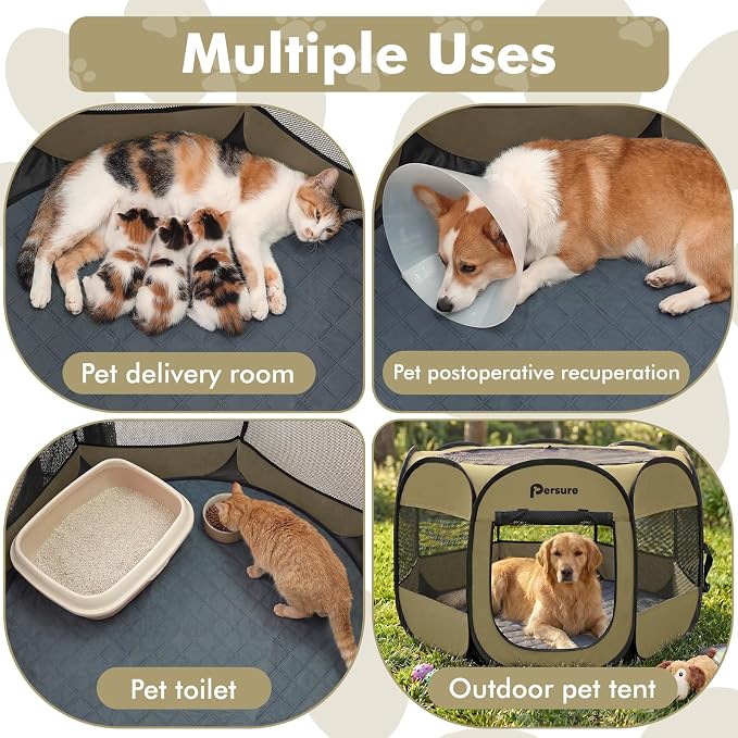 Persure Dog Cat Pet Playpen Puppy Crate Cage for Indoor Outdoor Travel | Nursing Rest Zone Recovering Pet Quarantine Room Portable Pop Up Easy to Set up lightweight Carrying Bag(Khaki with Pad,Large