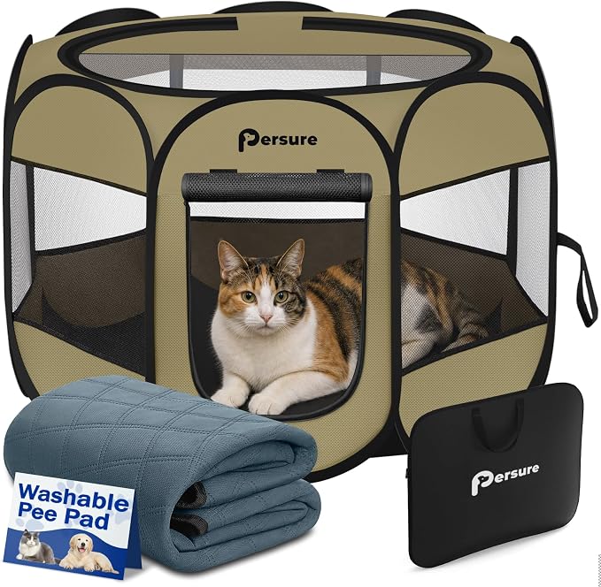 Persure Dog Cat Pet Playpen Puppy Crate Cage for Indoor Outdoor Travel | Nursing Rest Zone Recovering Pet Quarantine Room Portable Pop Up Easy to Set up lightweight Carrying Bag(Khaki with Pad,Small
