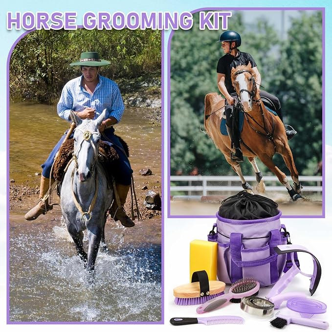 Cunhill 9 Pcs Horse Grooming Kit Tack Room Supplies Set with Tote Bag, Oval Massage Curry, Hard and Soft Brush, Hoof Pick, Sweat Scraper, Bathing Sponge, Comb for Horse Rider(Classic,Purple)