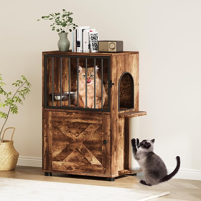 Dog Proof Cat Feeding Station, Dog Proof Cat Feeder, Cat Food Table,Vintage | Cat Feeding Station with Scratching Post, Elevated Food Bowls with Stand, Cat Tree with Food Storage, Cat House