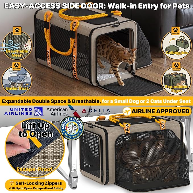 PAWZIDEA Expandable Pet Carrier for Small Cats & Dogs, TSA Airline Approved | 18"×11"×11" Soft-Sided Small Dog Travel Bag, Collapsible Top-Load Cat Carrier for 2 Cats Under Seat, Puppy Car Seat Up 15lbs