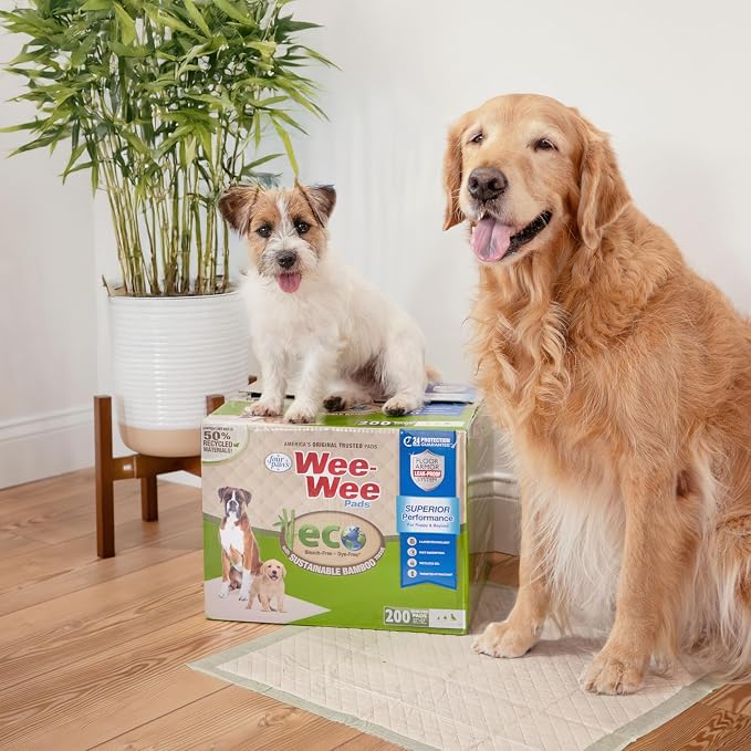 Four Paws Wee-Wee Superior Performance Eco Bamboo Dog Pee Pads, 14 Count | Earth friendly, bleach-free, dye-free, dog & puppy potty training pads, leak-proof, 24-hour protection pee pads, 22" x 23"