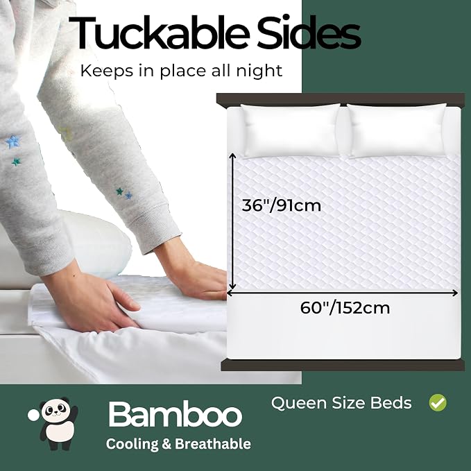 Hygge Sheets®️ Organic Washable Incontinence Bed Pads with Tucks - Queen | 100% Waterproof Reusable Mattress Protector Underpads with Tucks - Rayon derived from Bamboo – 5 Layers of Protection - Queen