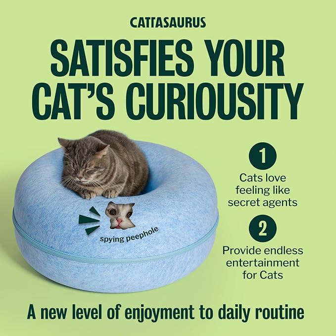 Peekaboo Cat Cave Donut for Multiple & Large Cats up to 30-45 lbs, 3-in-1 Self Warming Cat Bed, Tunnel & Scratcher for Indoor Cats, Washable & Detachable Small Dog Bed (Blue, Large)
