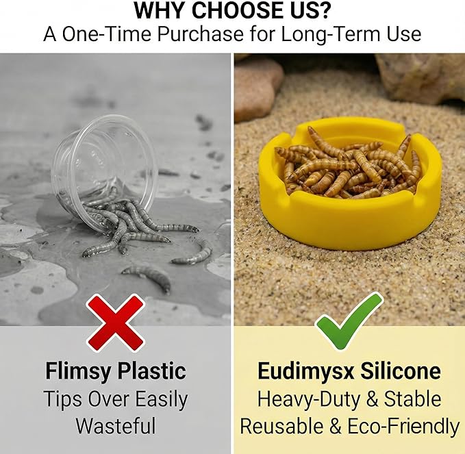 2-Pack Silicone Reptile Food and Water Bowl, Crested Gecko Tank Accessories, Eudimysx Soft Unbreakable Dish for Leopard Gecko & Hermit Crab, Shallow Low Profile & Easy to Clean (Yellow & Green)