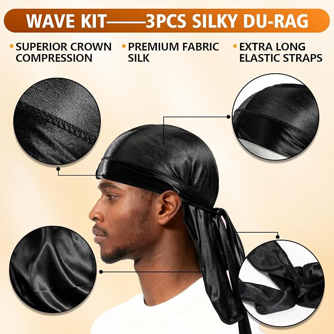 360 Wave Kit for Men Grooming Kit for 360 Waves - 3 Wave Brushes, Soft, Medium & Hard - Satin Durag, Hand Mirror, Hair Comb, Hair Brush Cleaner, Wave Pomade & Shampoo & Rosemary Oil - Best Gift Set