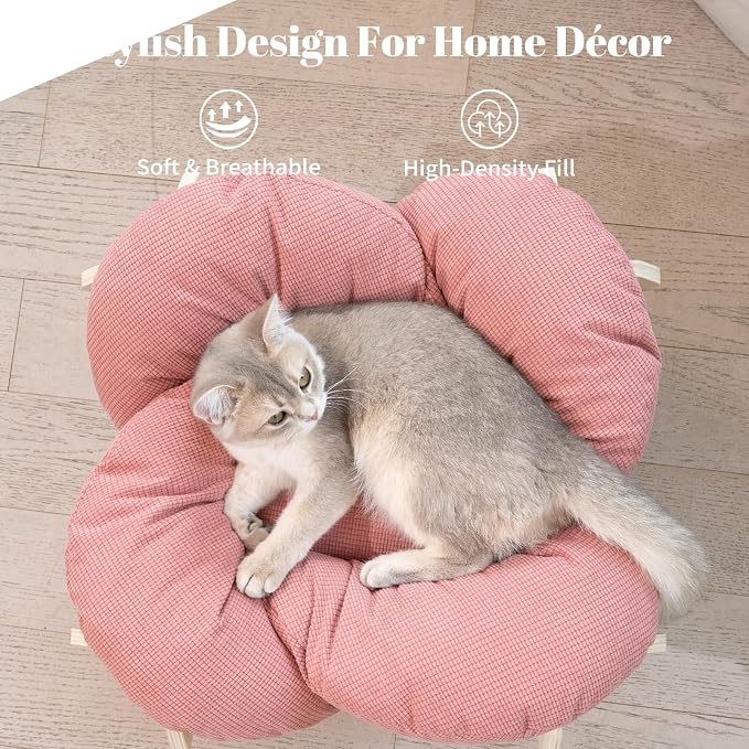 Elevated Cat Bed for Indoor Cats Couch Sofa Flower | Pet Beds with Soft Washable Cushion, Stable Wooden Frame, Raised Cat Hammock & Furniture for Kitty & Puppy All-Season(Pink)