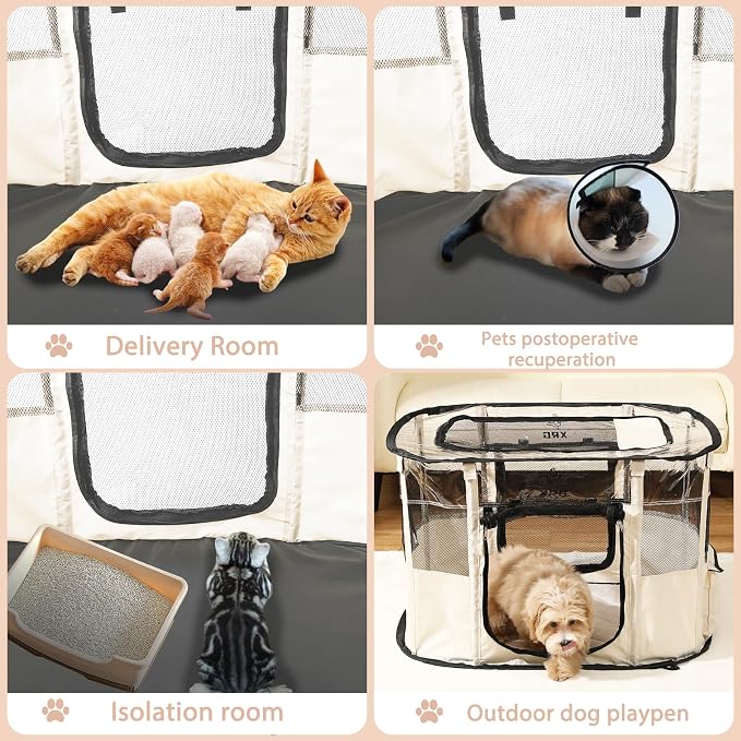 XRG Foldable Dog Playpen with pad，Indoor Cat Kennel L(35.4"x27.6"x23.6") | Portable Dog Crates with Upgrade Breathable Mesh，Sturdy Cat cage Indoor & Outdoor for Rabbit or Small Animals,Beige