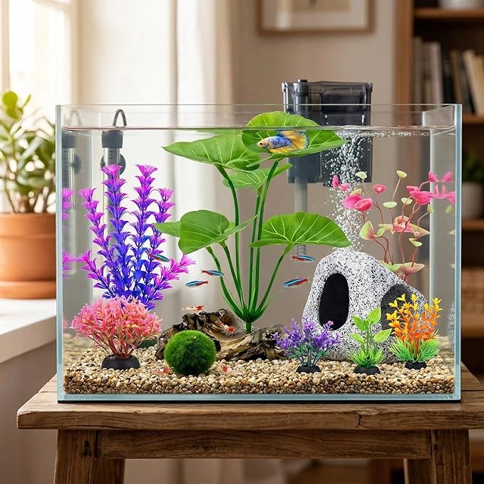 9 Pack Fish Tank Decorations Set Aquarium Decor Rock Cave Hideout, Artificial Aquarium Plants Plastic Betta Leaf Hammock Goldfish Betta Fish Tank Accessories Small Large Fish Bowl Ornaments