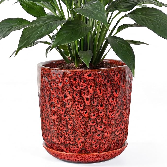 10 Inch Ceramic Plant Pot with Drainage Hole Mesh Net, Large Flower Pots for Indoor Plants with Saucer, Gardening Pots Outdoor (Red)