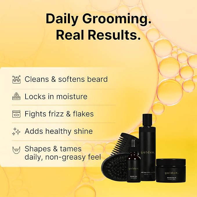 Golden Grooming Co. Beard Care Kit for Men - 5pc Grooming & Growth Set includes Beard Shampoo, Balm, Oil, Wood Comb & Boar Bristle Brush - Men's Self Care Gift Bundle