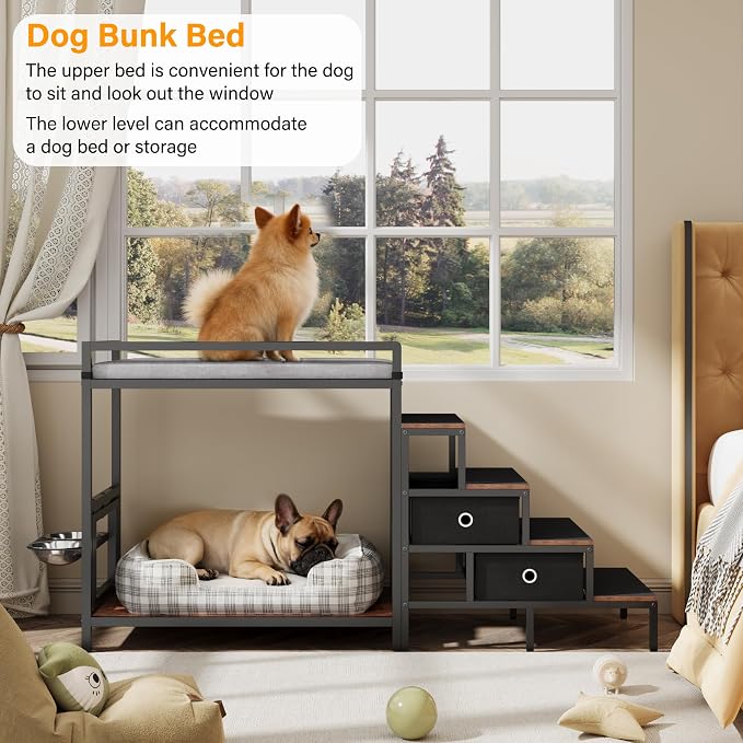 kepptory Dog Window Perch with 360° & Adjustable Raised Feeder, Pet Stairs Ramp with Seat with Stairs and Storage, Pet Bunk Bed with Small Pet Step