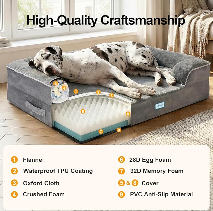 OhGeni Orthopedic Jumbo Sized Dog Bed Couch, Memory Foam, 52-inch (Gray) | Waterproof Pet Bed with Machine-Washable Removable Cover & Soft Comfortable Fabric