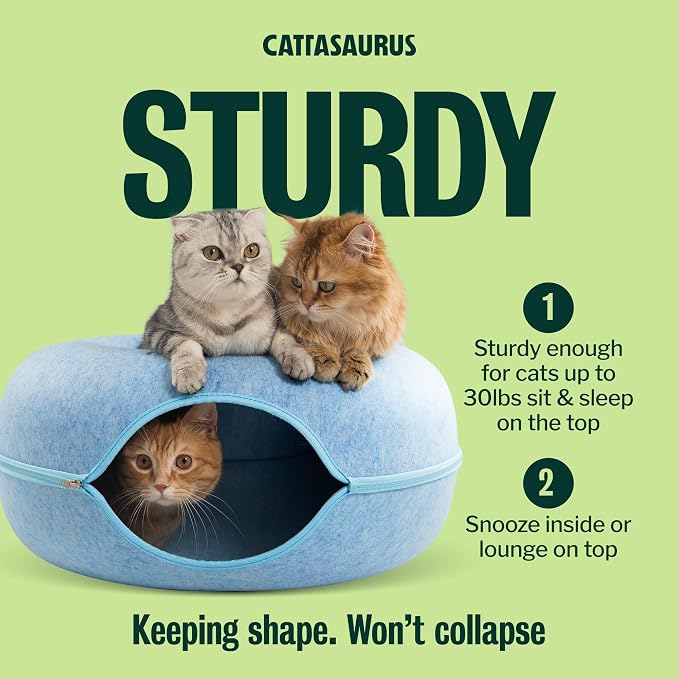 Peekaboo Cat Cave Donut for Multiple & Large Cats up to 30-45 lbs, 3-in-1 Self Warming Cat Bed, Tunnel & Scratcher for Indoor Cats, Washable & Detachable Small Dog Bed (Blue, Large)