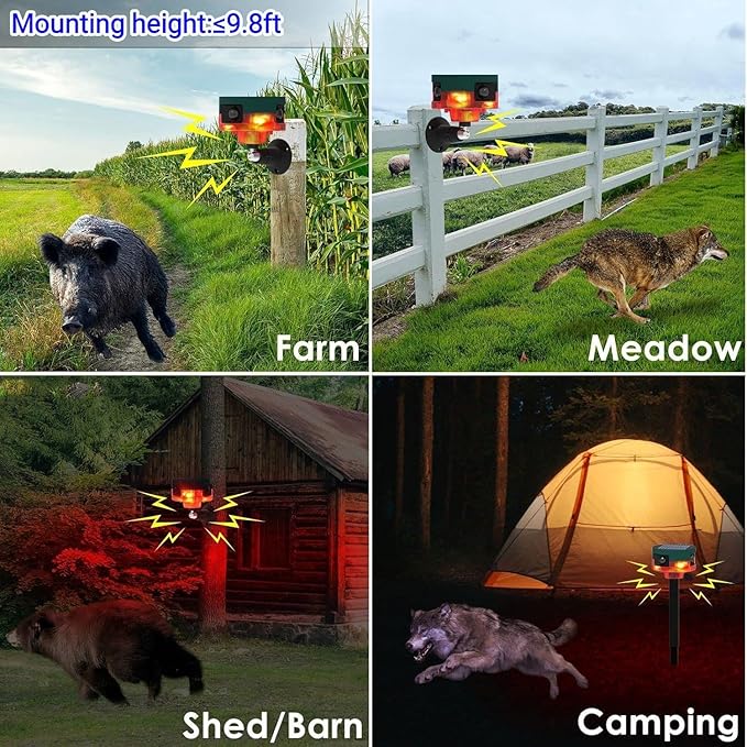 HULPPRE Solar Outdoor Motion Sensor Alarm-Dog Barking&Gunshot Sound,130db Loud Noise Maker,Support Recording,13 Kinds of Sound Strobe Light with USB,Say Goodbye to The Intruders