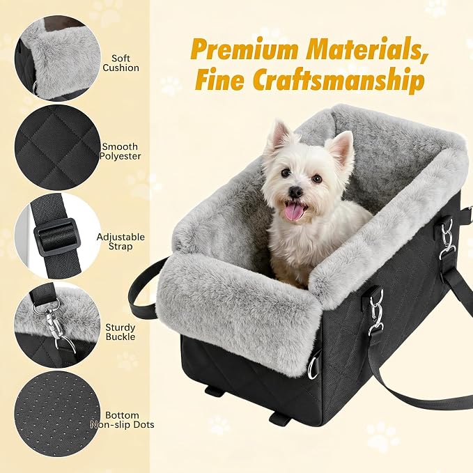 Center Console Dog Car Seat for Small Dogs&Cats Under 12 LBS | Puppy Car Seats with Non-Slip&Strong Support, Anti-Collapse Portable Pet Bed for Puppies with Soft Cushion Safety Belt, Black