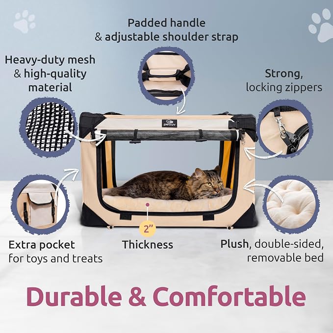 Cat & Dog Pet Carrier, Soft-Sided, Medium 20"x13"x13" Fits Most Cats or Small Dog, Comfortable for Travel & Vet Visits, Privacy Windows, Removable Plush Bed, Locking Zippers, Folds Flat