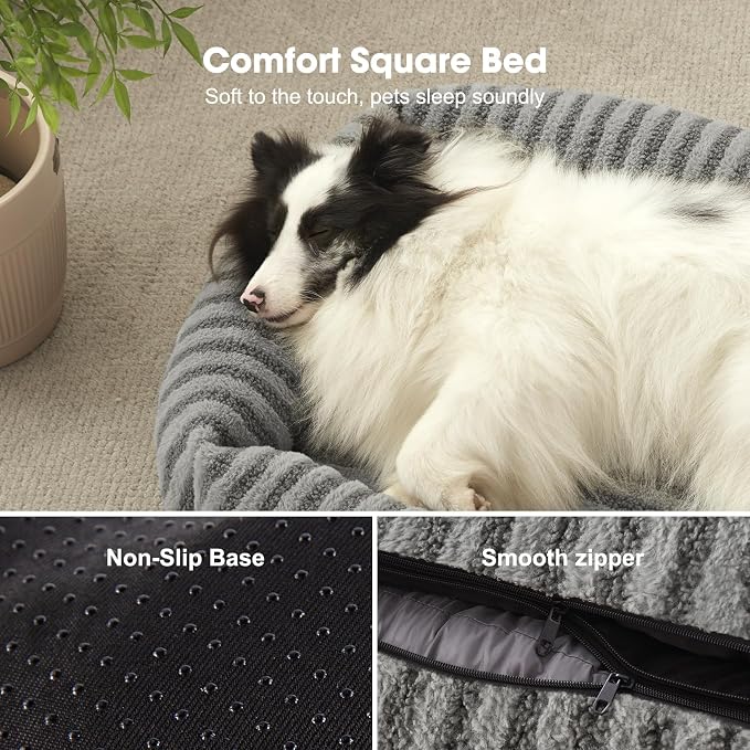 MIXJOY Medium Dog Beds for Medium Sized Dog, Calming Warming Pet Beds, Washable Dogs Bed with Removable Cover, Rectangle Pet Bed with Non-Slip Bottom, 25"x21"x7", Grey