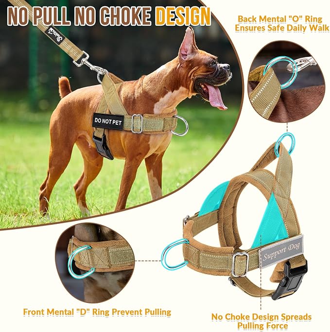 SlowTon No Pull Dog Harness with Front Clip - Heavy Duty, Soft Padded | Neck & Chest Adjustable, Tactical Pet Vest and Leash Set for Large Medium Sized Dogs, for Easy Walk & Training, Tan M