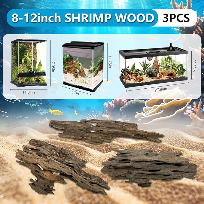 3 PCS Large Natural Honeycomb Wood 8-12", Porous Aquarium Driftwood, Cholla Wood Shrimp Shelter Breeding Cave, Shrimp Dragon Wood for Fish Tank, Aquascaping, Reptile, Terrarium Decor