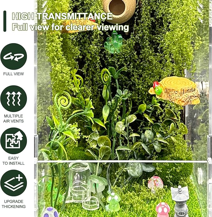 Jumping Spider Enclosure,DIY Insects Habitat,Small Reptile Terrarium Glass House Accessories Set,with Temperature and Humidity Detector Water Feeder Platform Hide,5.5“x5.5”x9.5“ (Forest)