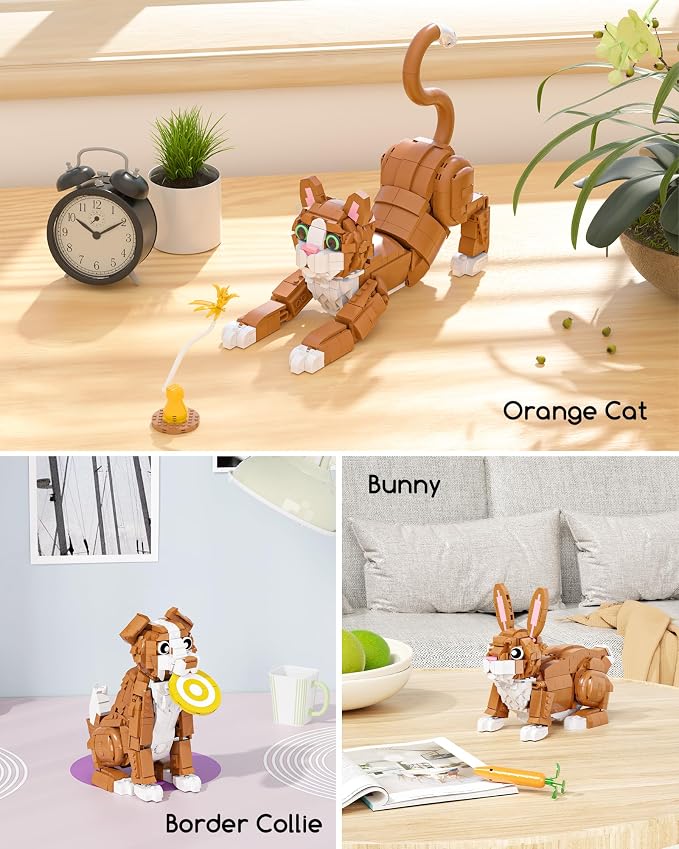 3-in-1 Orange Cat Building Set, Build a Cat, Dog or Rabbit | Build & Rebuild 3 Cute Animal Designs from One Set, Building Toy for Cat Lovers and Animal Fans, Birthday Gift Ages 8+
