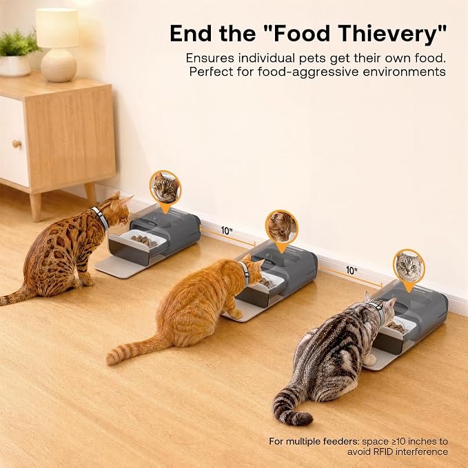 Automatic Cat Feeder with RFID Collar Sensor for Multi-Pet Households, Anti-Stealing Food Dispenser with Sealed Lid for Wet Dry Food & Prescription Diet for Cats and Small Dogs, Black