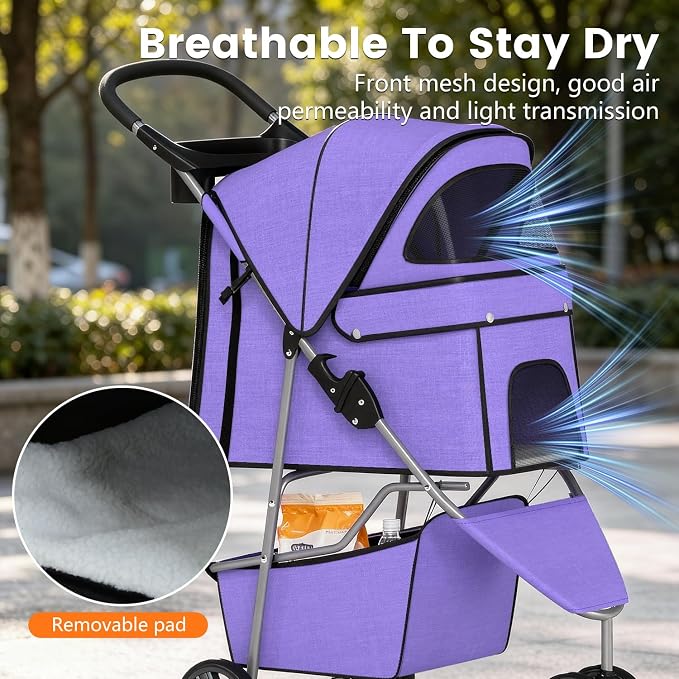 BestPet | 3-Wheel Pet Stroller | Purple | Foldable Dog and Cat Stroller | Breathable Mesh | Lightweight, Waterproof Travel Carrier with Cup Holder & Storage Basket | for Daily Walks & Outdoor Use