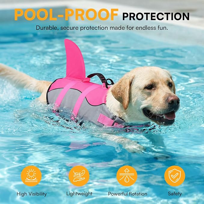 Dog Life Jacket Ripstop Shark Dog Safety Vest Adjustable Preserver with High Buoyancy and Durable Rescue Handle for Small,Medium,Large Dogs, Pink Shark XX-Large