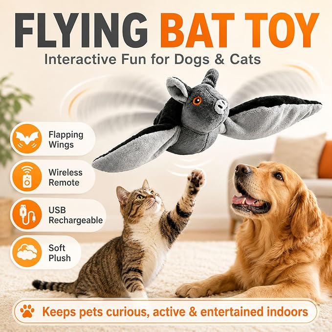 Flying Bat Dog Toy, Flying Bat Toy for Dogs & Cats with Flapping Wings and Chirping Sound, Motion-Activated Interactive Pet Toy for Hanging, Ground and Indoor Chase Play (2PCS)