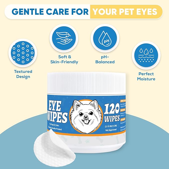 Pet Eye Wipes for Dogs & Cats – Extra-Large Textured Pads Remove Discharge, Crust & Tear Stains – Hypoallergenic Cleaner for Eyes, Wrinkles & Face – Soothing Witch Hazel & Chamomile Formula – 120ct