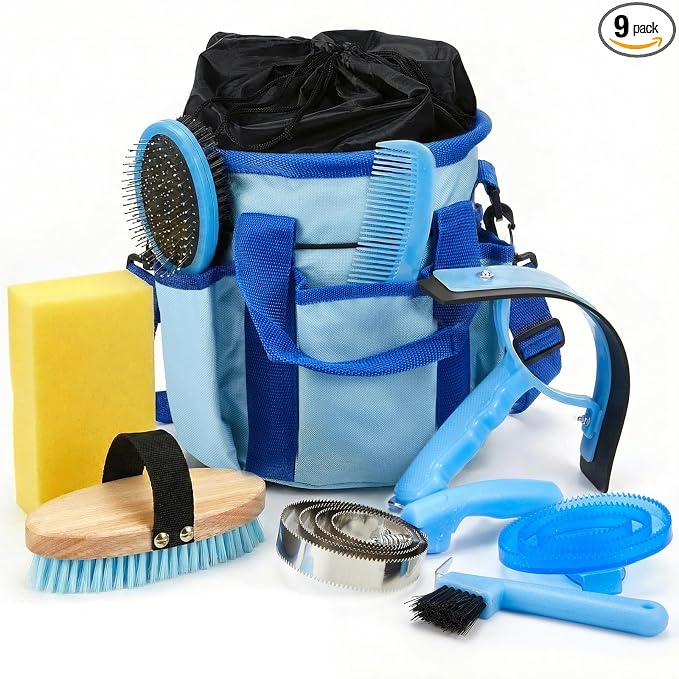 Cunhill 9 Pcs Horse Grooming Kit Tack Room Supplies Set with Tote Bag, Oval Massage Curry, Hard and Soft Brush, Hoof Pick, Sweat Scraper, Bathing Sponge, Comb for Horse Rider(Classic,Light Blue)