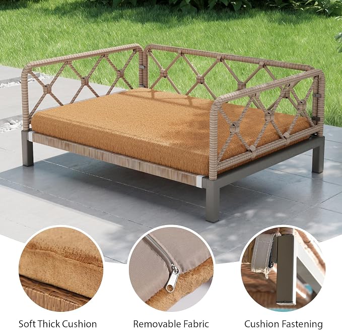 Elevated Indoor & Outdoor Dog Bed for Small Dogs, Durable Rattan Wicker Pet Sofa with Removable Washable Waterproof Cushion, Stylish Dog Couch, Brown
