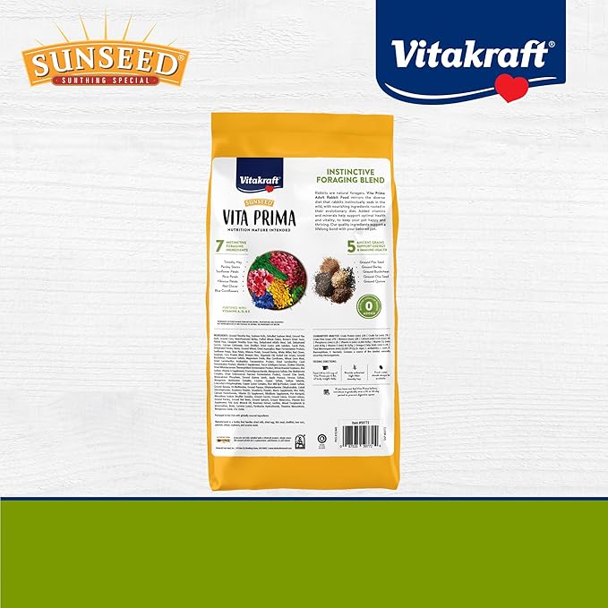 Vitakraft Sunseed Vita Prima Daily Adult Rabbit Food 8 lb Bag with Timothy Hay Pellets Vegetables and Fruits Providing Wholesome Daily Nutrition for Happy Healthy Rabbits