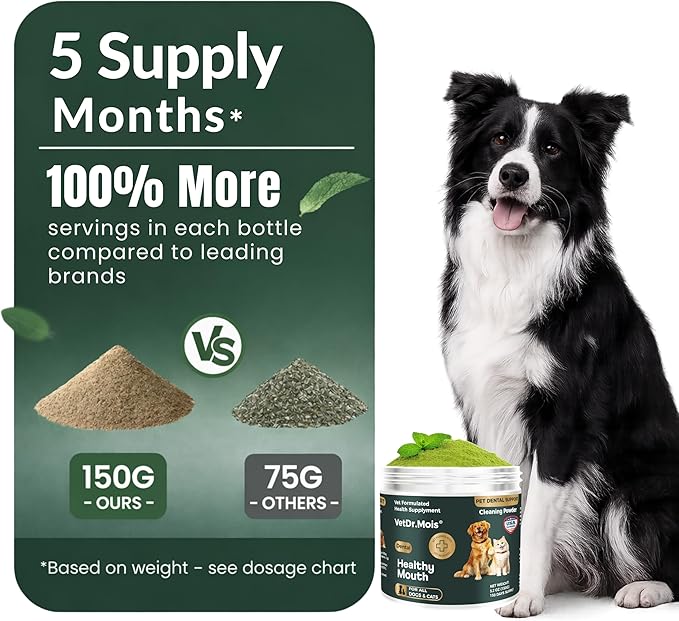 Dog Teeth Cleaning Powder for Dogs & Cats, Dental Powder for Plaque & Tartar Control, Fresh Breath Oral Care, No Brushing Needed, 150g