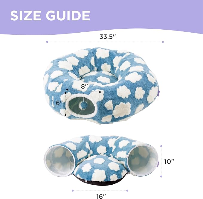 Lesure Donut Cute Jacquard Cat Tunnel Bed Kitten Toys for Puppy Bunny | 33.5x33.5x10in,Round Cat Bed Tube for Indoor Cats Rabbit Dog,Pet Peekaboo Cave Toy,Spiral Hideaway,Washable Cushion,Blue