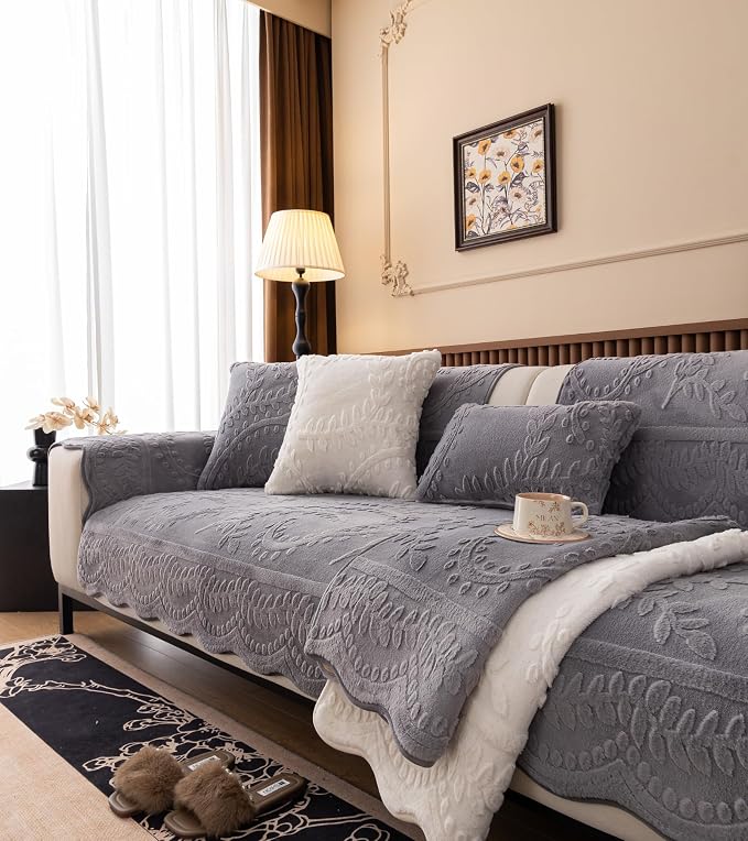 Grey Fuzzy Rabbit Plush Sofa Cover Cozy Warm Sofa Couch Covers with 3D Jacquard Leaf Pattern Non-Slip Easy-to-Install Shaggy Sofa Slipcover Prefect for Kids Dogs Cats Cats(Grey,36"x47")