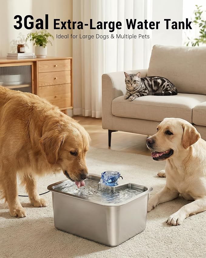 PETNF 3-Gallon 304 Stainless Steel Dog Water Fountain for Large Dogs, Extra Wide Drinking Area, Automatic Water Bowl Dispenser for Large Dogs & Multi-Pet Homes, 7-Stage Filtration System, Quiet Pump