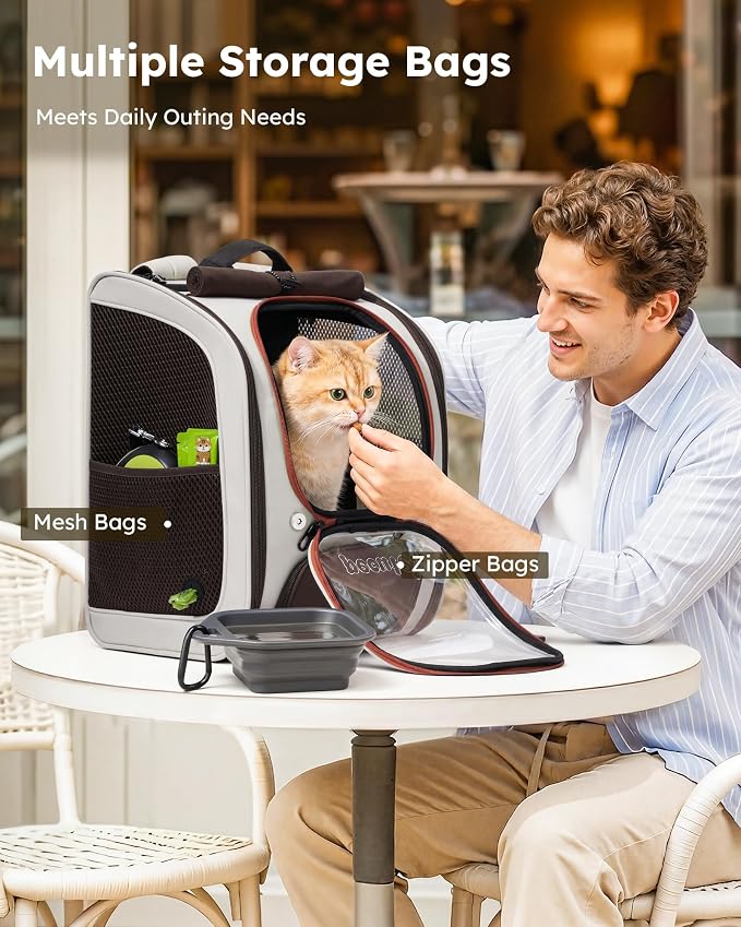 Pecute Dog Backpack Carrier,Large Space Dog Bubble Backpack,Ergonomic,Khaki | Upgraded Transparent Window Offers Greater Transparency,More Wear-Resistant,Sunshade curtain,Folding bowl,Ventilated