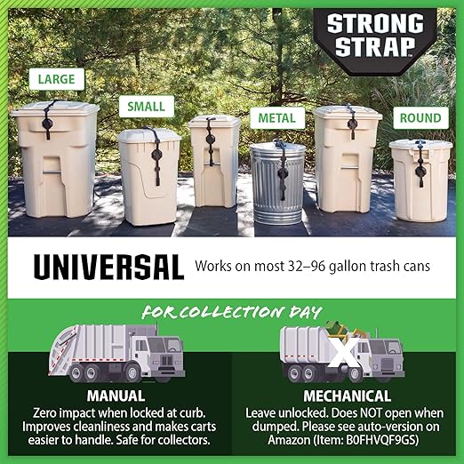 Blazer Brand Strong Strap Lid Lock for 32–96 Gallon Garbage Cans (1 Starter Kit) Long Lasting, No Tools Required, Stretch to Latch, Mitigate Pests, Wind, Overflow, and Spillage