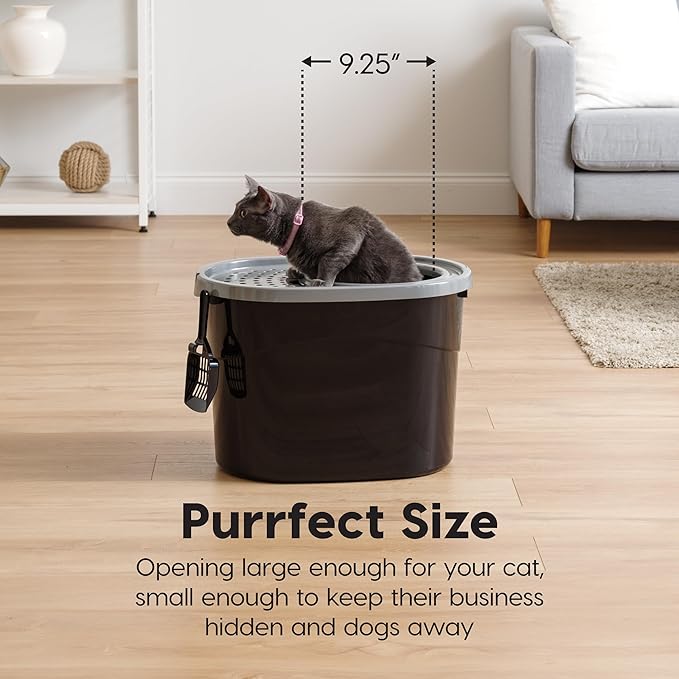 IRIS USA Cat Litter Box Large Top Entry with Lid Enclosed Covered Hooded Design Litter Catching Scatter Shield Pan Dog Proof Pet Proof Scoop Included Odor Control for Indoor Cats Kittens Black/Gray