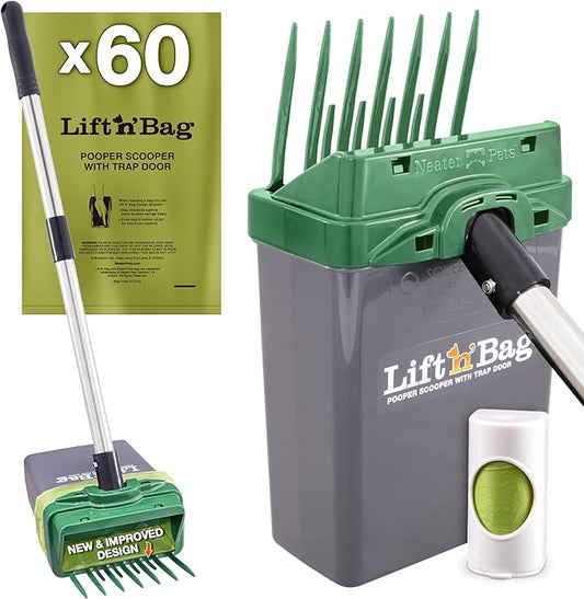 Neater Pet Brands Lift N’ Bag 2.0 Dog Pooper Scooper with Bag Attachment & 22" Pole for Small to Large Dogs, New & Improved Design, 60 Refill Bags, Heavy Duty Dog Poop Scooper for Yard, One-Hand Use