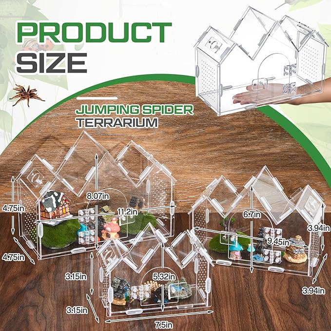 Weysat Jumping Spider Enclosure 11.2" x 4.7" x 8" Acrylic Tarantula Enclosure Castle Style Insect Terrarium with Magnetic Door Transparent Terrarium for Reptiles, Amphibians and Spiders