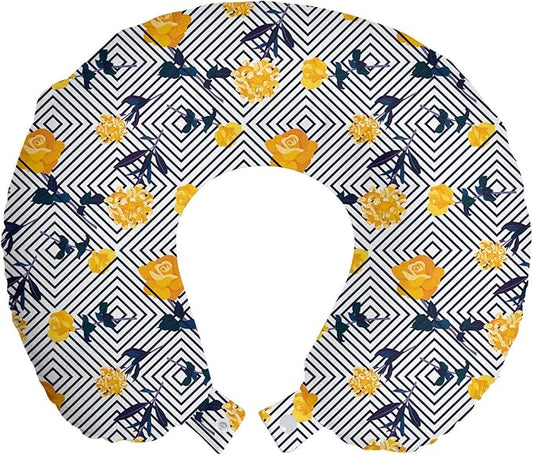 Ambesonne Floral Travel Pillow Neck Rest, Composition of Flowers and Concentric Squares, Memory Foam Traveling Accessory for Airplane and Car, 12", Yellow