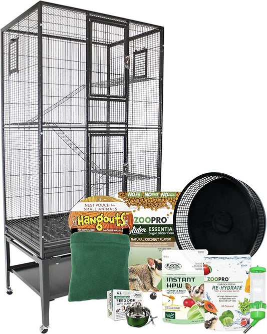 Congo Cage & Starter Package for Sugar Gliders - Includes Durable Cage, Exercise Wheel, Healthy Food Assortment, Water Bottle, Food Dishes & Nest Pouch