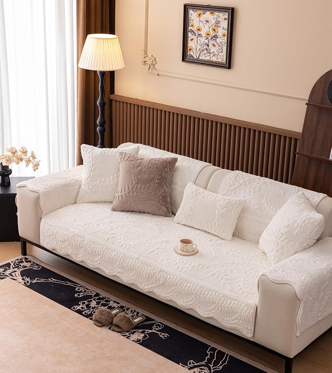White Fuzzy Rabbit Plush Sofa Cover Cozy Warm Sofa Couch Covers with 3D Jacquard Leaf Pattern Non-Slip Easy-to-Install Shaggy Sofa Slipcover Prefect for Kids Dogs Cats Cats(White,36"x82")