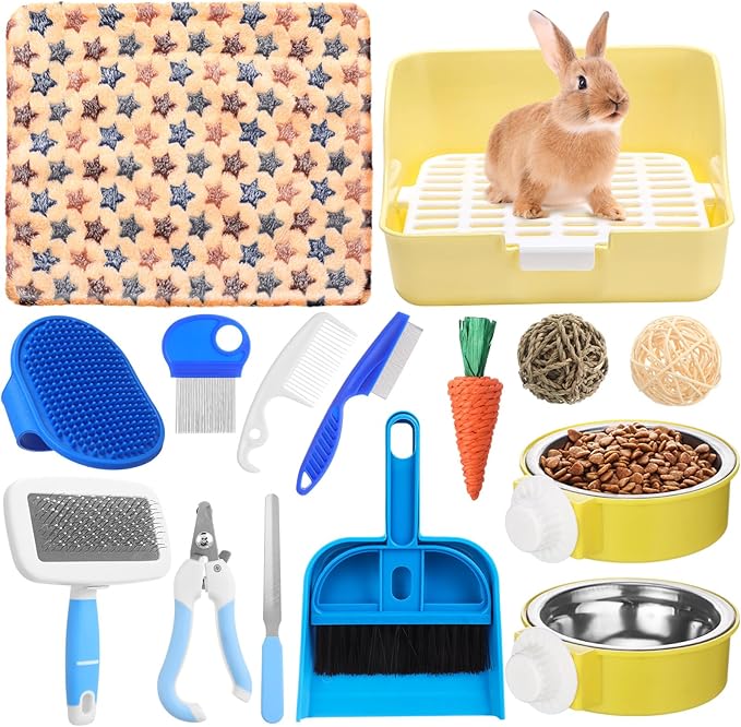 Reallnaive 15 Pcs Rabbit Starter Kit Small Rabbit Litter Box Girls Gift Animal Grooming Kit Bunny Toys Bowl Blankets with Cleaning Set for Guinea Pig Accessories(Blue)